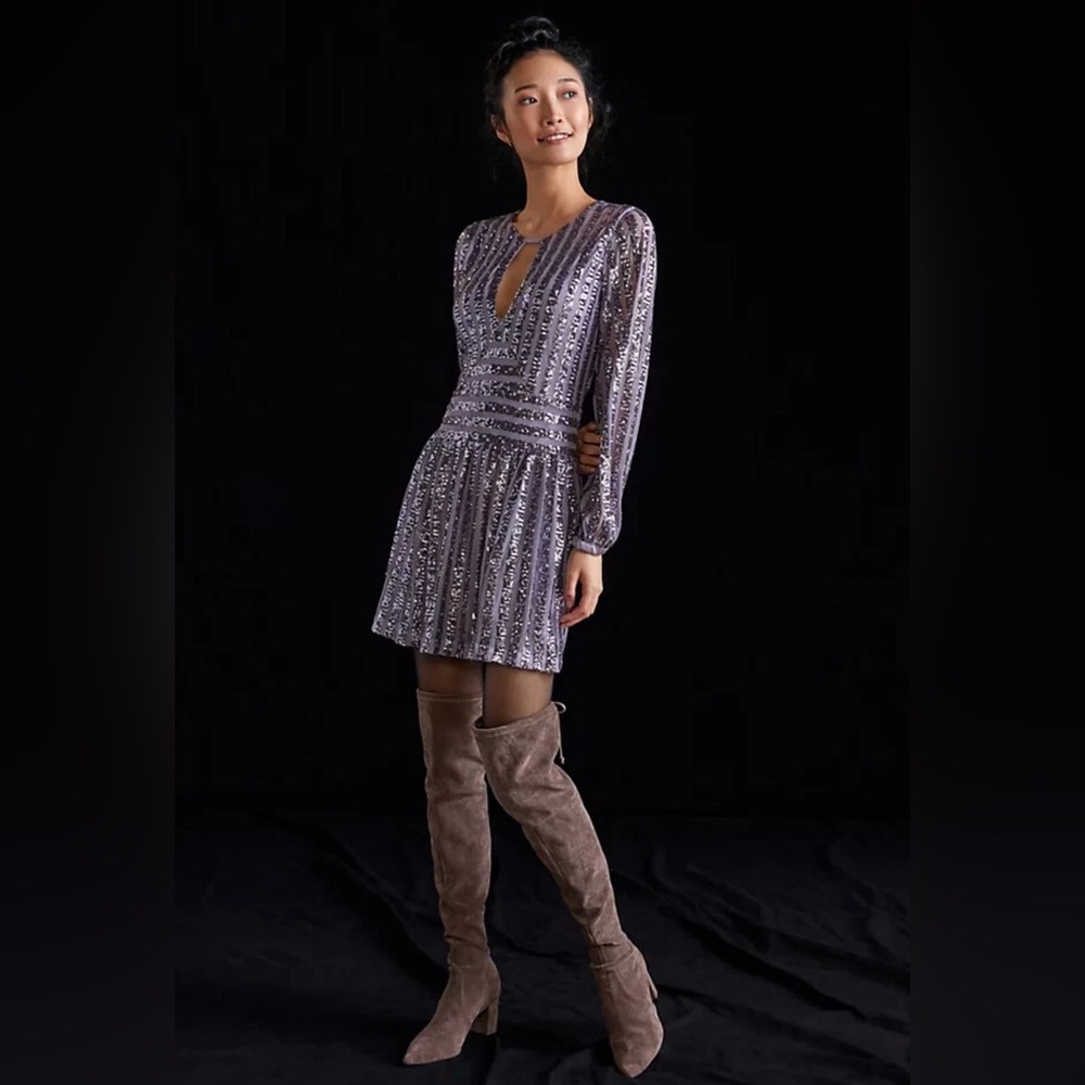 Anthropologie Lilac Sequin Embellished Open Back Cocktail Dress
